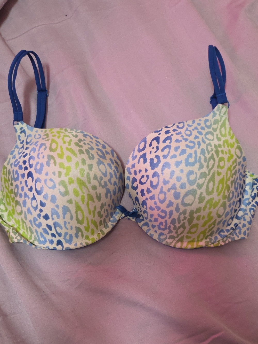 Victoria's Secret Pastel Leopard Print Bra with Blue Straps